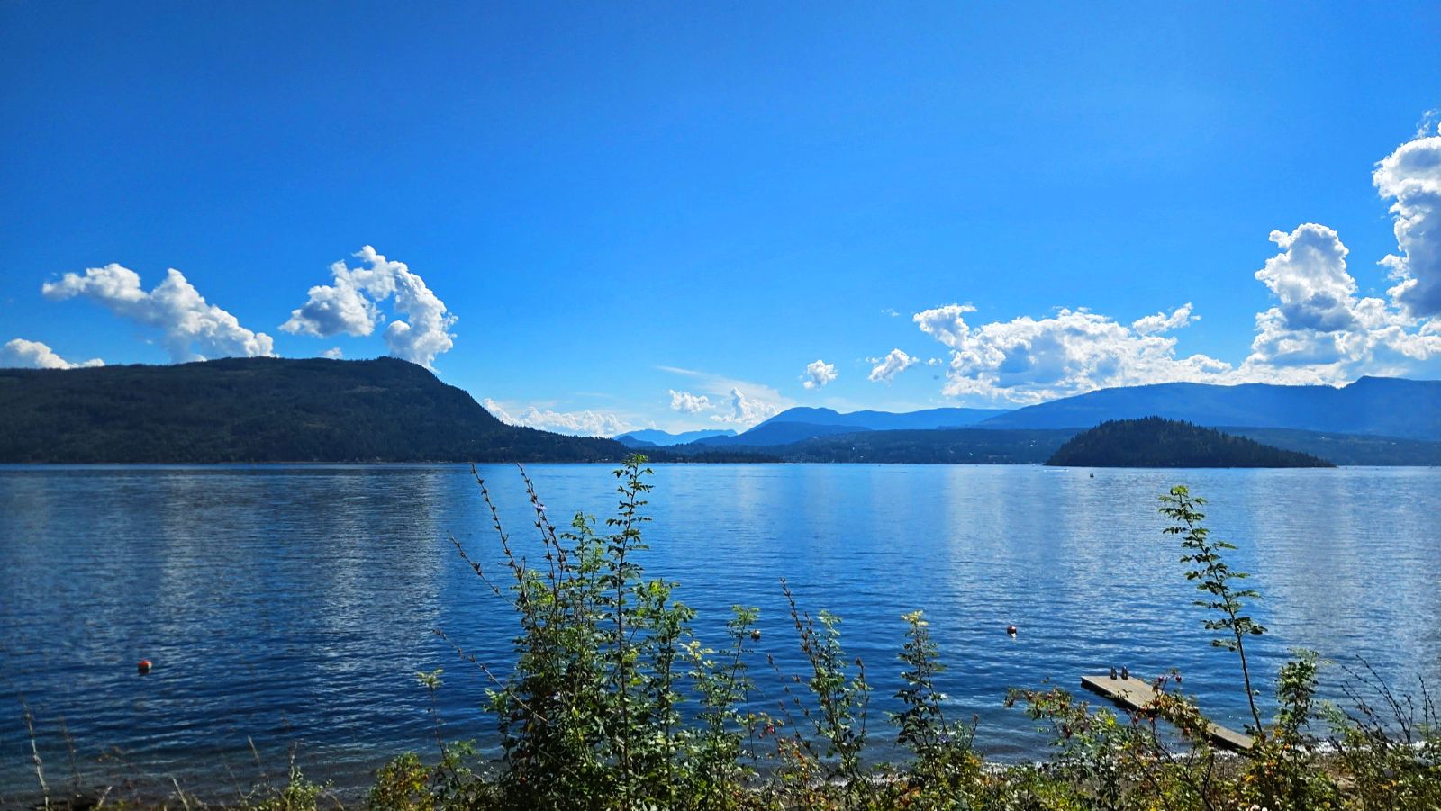 Shuswap Lake on a clear summer day, seen from the resort shoreline